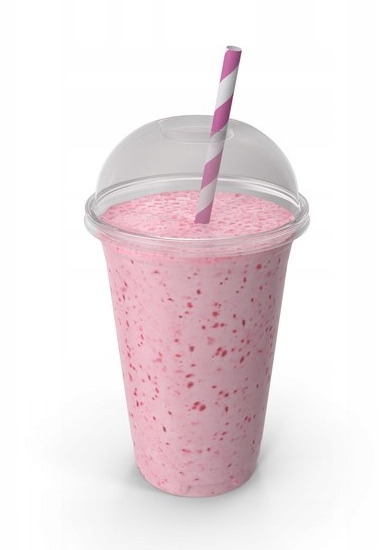 Różowy shake w plastikowym kubku z pokrywką i różową słomką