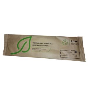 Zestaw sztućców drewniany widelec + nóż + serwetka w papierku 250 szt